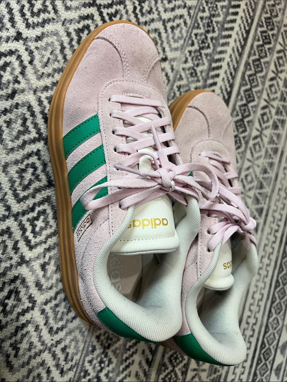 adidas Women’s Light Pink Suede Sneakers with Green Stripes